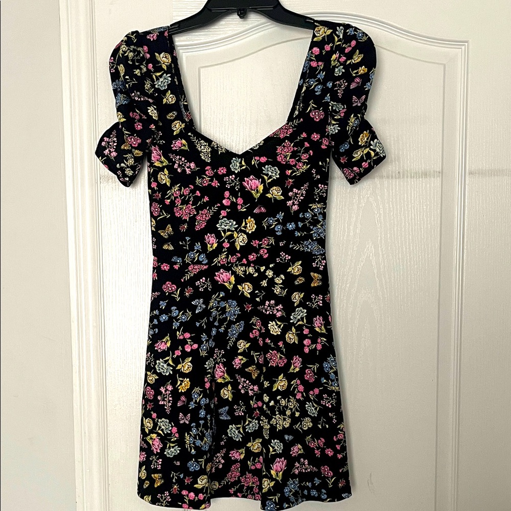 Divided Black Dress with Floral Patterns